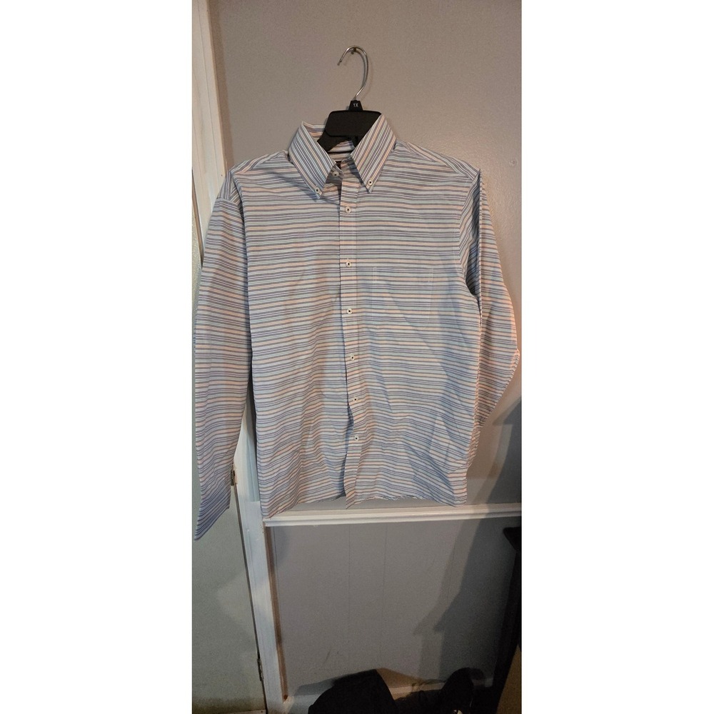 Roundtree & Yorke Mens Medium Blue Orange Striped Long Sleeve Button Down Shirt